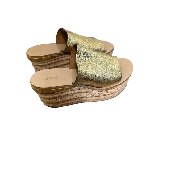 Chloe Cork Wedge Gold Sandal Sz 39.5 - Picture 2 of 3